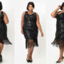 Woman wearing plus-size flapper style dress for halloween.